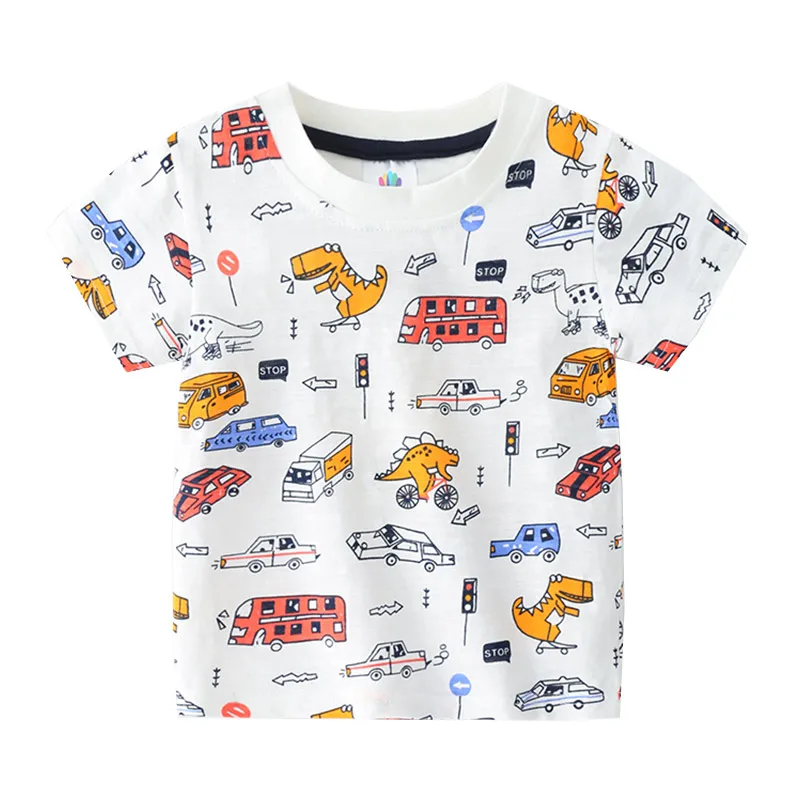 2024 Summer 2 3 4 5 6 8 10 Years Children\'S Clothing Dinosaur Car Striped Tees All Match Basic Tops Cartoon T-Shirt For Kids Boy