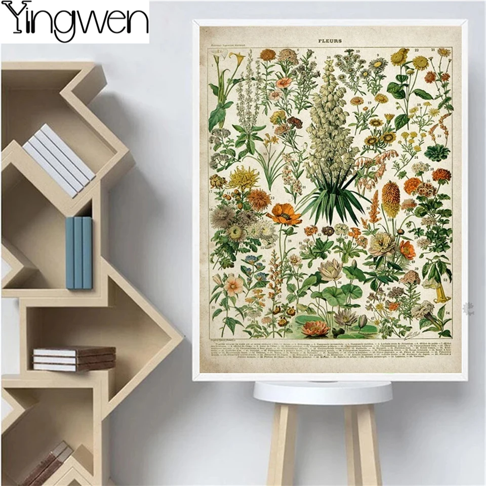 Vintage Flower diamentowa malowanie sztuka kwiatowa DIY diament haft botaniczny edukacyjny plakat grzyb ścienny ozdoby do dekoracji wnętrz prezent