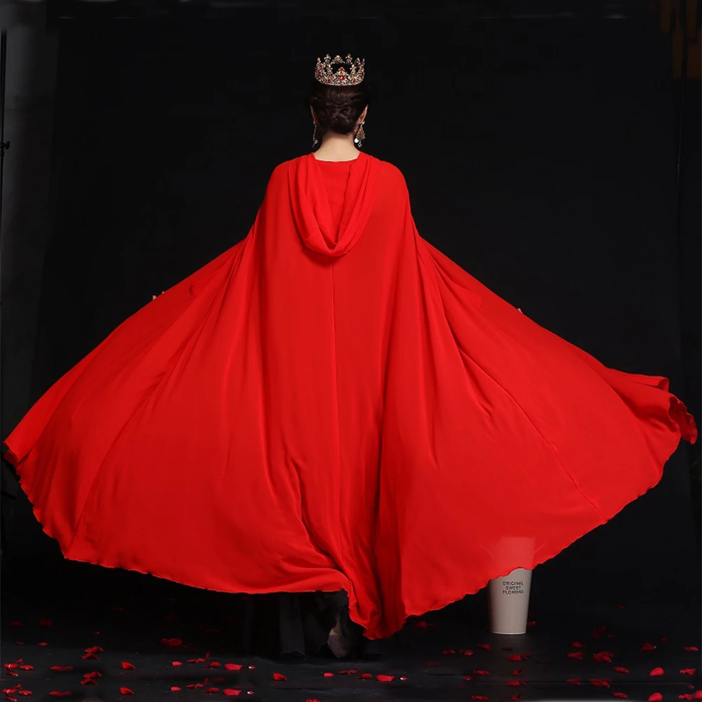 Vrouwen Chiffon Bridal Cape Lange Wedding Mantel Hooded Elegant Lady Party Prom Cape Cosplay Heks Piraat Gerold Mantel Zwart Rood