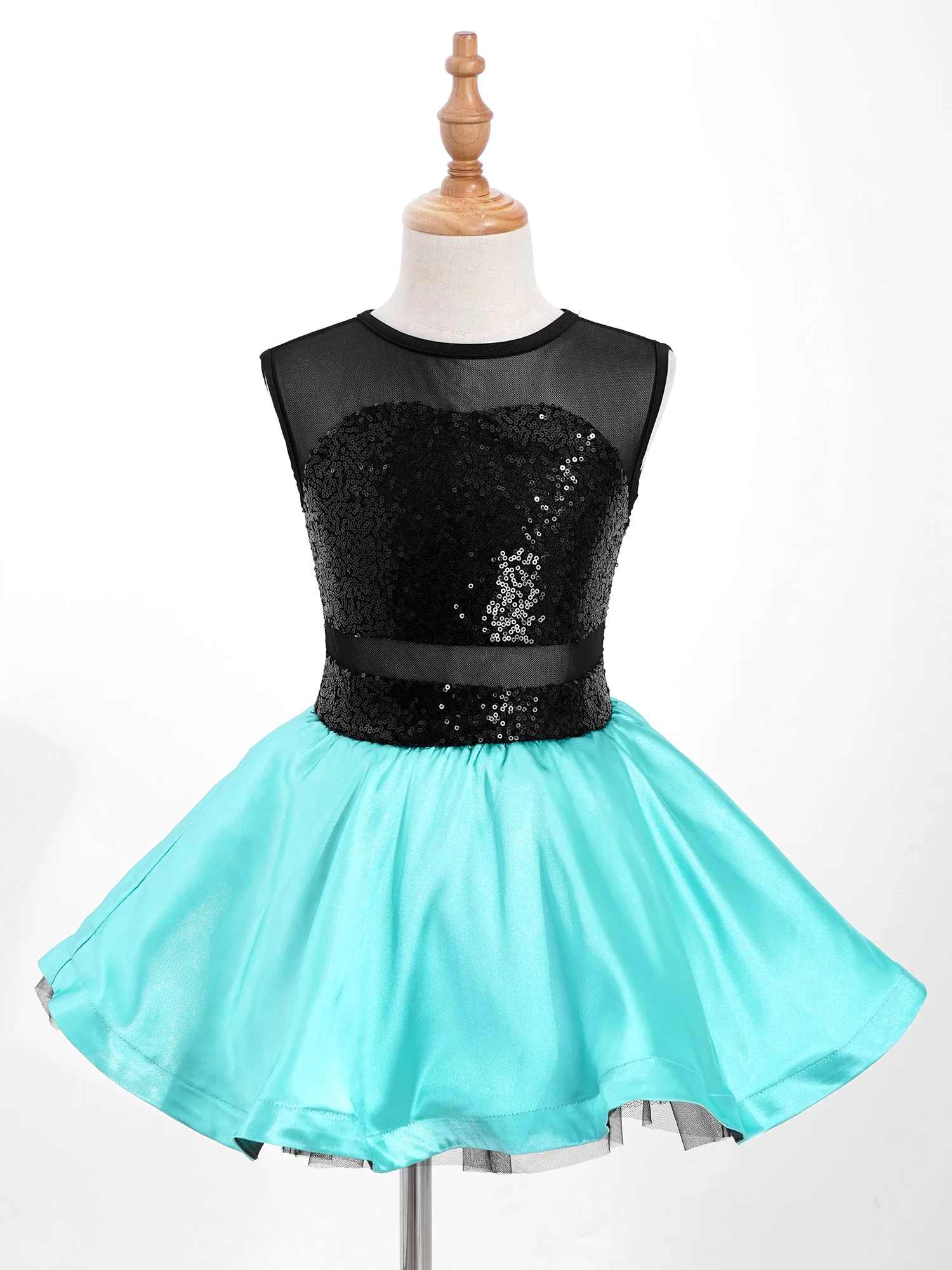 Kids Girls Sequins Tutu Ballet Dance Dress Sleeveless Lyrical Costume Mesh Patchwork Ballerina Dancewear