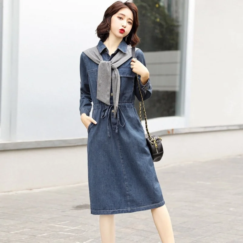 Summer Spring New Women Denim Dress Chic Design Slim Fit Shirt Midi Dress Sweet Leisrue High Waist A-Line Jean Dress M-2XL