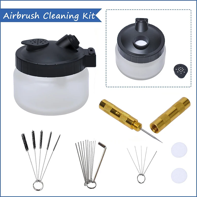 Airbrush Cleaning Pot With Metal Pen Brush Holder Waste Liquid Collection Multifunctional Bottle Paint Gun Accessories Tools Set