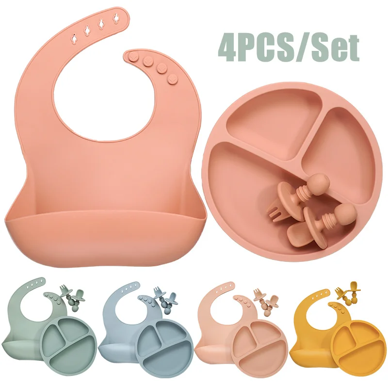 Baby Silicone Tableware Set Infant Solid Color Waterproof Bib Newborn Feeding Burp Cloth Toddler Dinner Plate And Mini Spoon