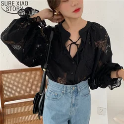 Camisas de manga larga con linternas talladas para mujer, camisa de encaje negro, Tops, blusa holgada, cárdigan, ropa 2021