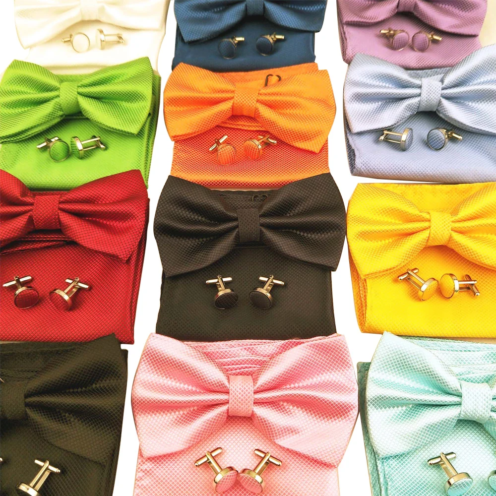 Men Tie Set Bowtie Cufflinks Pocket Square 3pcs Set Cravat Butterfly Bow Tie For Men Wedding Party Bowknot Solid Color Bowtie