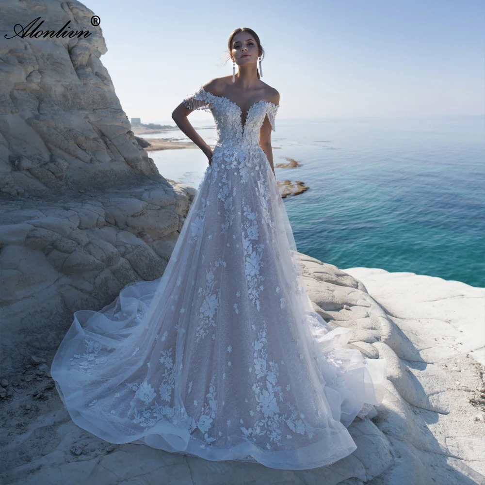 Alonlivn Chic Beach Wedding Dress Sweetheart Off Shoulder Beading 3D Appliques With Tassels Bridal Gowns