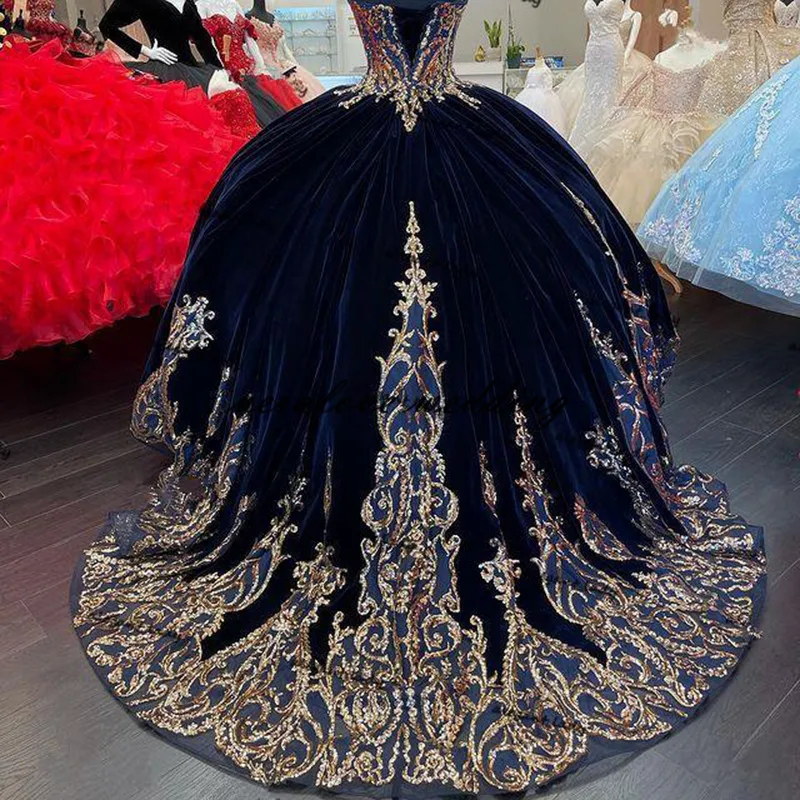 Robe de princesse en velours bleu marine, 15 pièces, paillettes, dentelle, Style mexicain