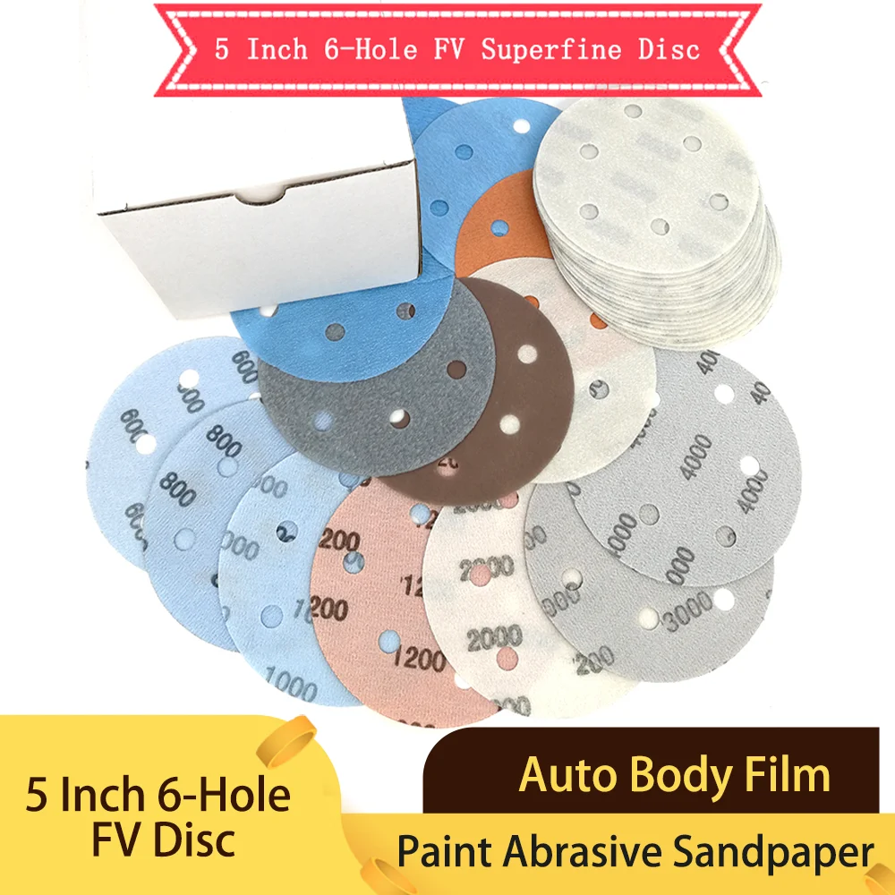 

10 шт. 5 дюймов 125 мм 6 отверстий FV сверхтонкая Влажная/сухая лента с крючком и петлей шлифовальные диски краска абразивная наждачная бумага зернистость 600-5000