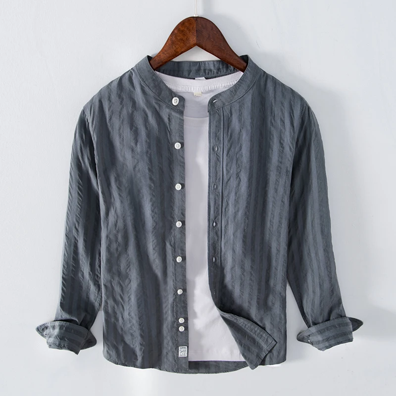 

100% Cotton long sleeve casual stripe stand collar gray shirts men fashion brand comfortable shirt for men tops camisas chemise