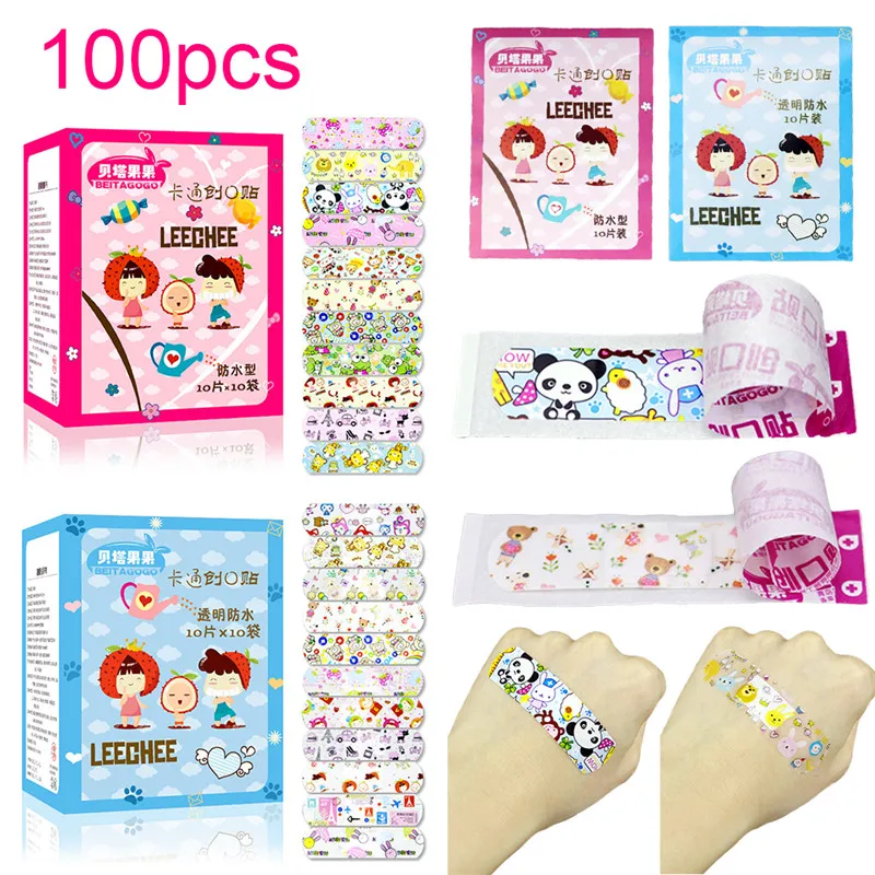 

100 pcs Waterproof Breathable Cute Cartoon Band Aid Homeostatic Self Adhesive Bandage First Aid Kit Kit for Children