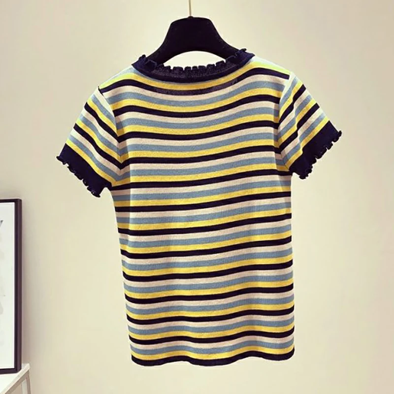 Rainbow Striped Thin Knitted T Shirt 2022 Fashion Women Tshirt Short Sleeve Korean Clothes Fungus O-Neck Woman Tee Shirt Tops