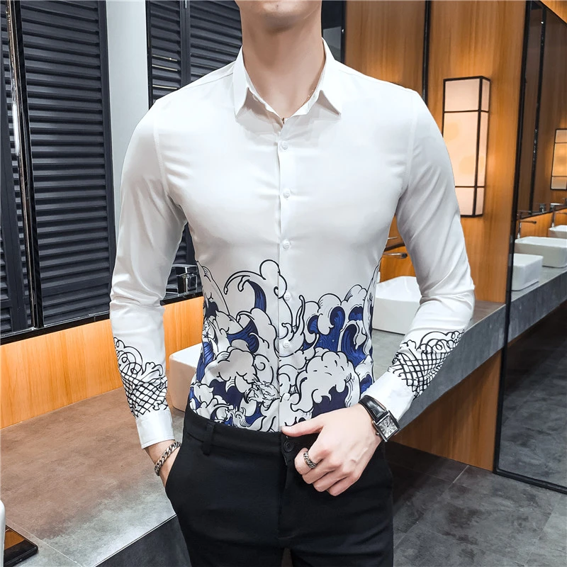 Streetwear Spring Man Club Party Clothes Chemise Homme Camisa Masculina Black White Shirt Men Print Casual Slim Fit Dress Shirt