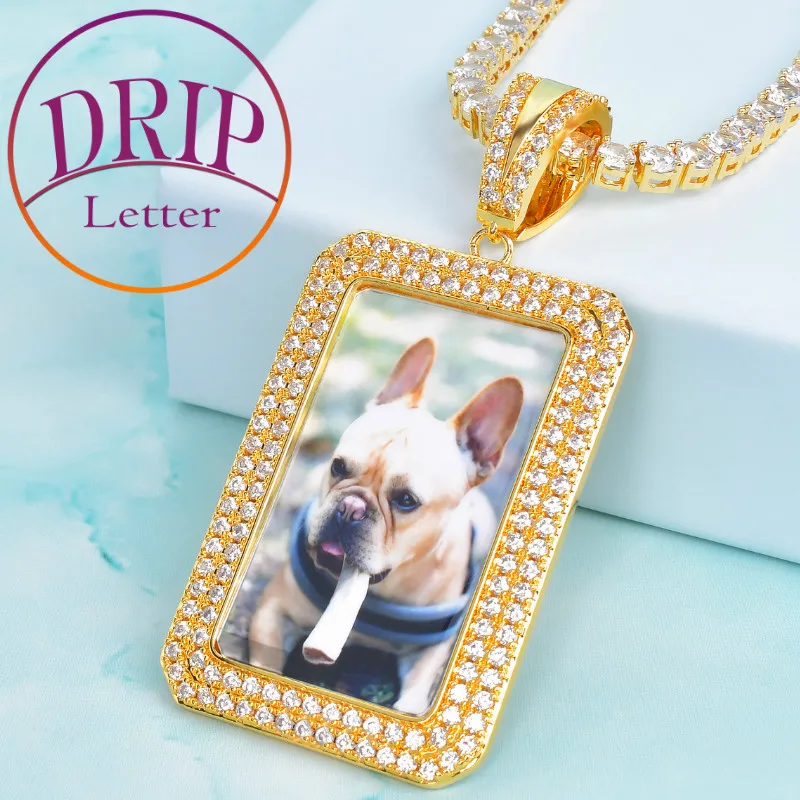 Drip Letter Custom Photo Pendant for Men Rectangular Memory Necklace Charms Hip Hop Real Gold Plated Rock Street Jewelry