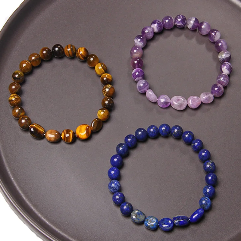 Round Random Shape Natural Stones Bracelet Tiger Eye Amethysts Lapis Lazuli Red Stone Crystal Beads Bracelets Women Men Jewelry