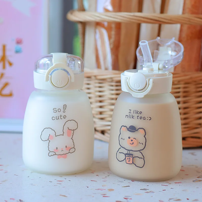 Kids Cartoon Glass Water Bottle Mug Animal School Drinking Water Straw Cup Gravity Ball Straw Thermos Bottle Shoulder Strap