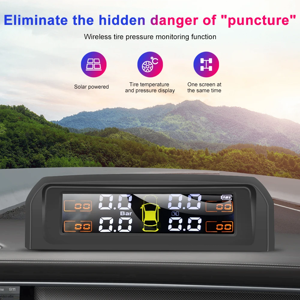 TPMS Solar Power Car Tire Pressure Monitoring System Auto Security Alarm Tyre Pressure Sensors Temperature Warning