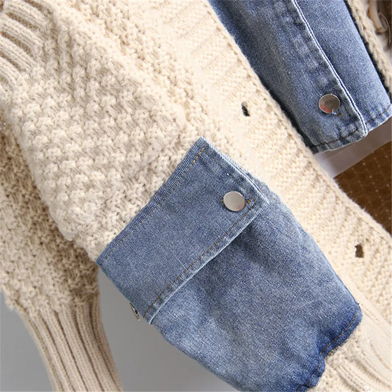 Denim Spliced Knitted Sweater Jacket Women 2021 Autumn Winter Cardigan Knit Coat Big Pocket Fashion Lapel Loose Sweaters Female