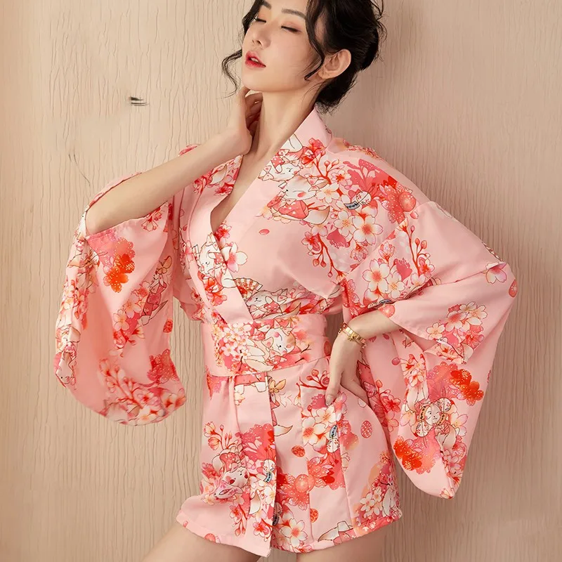 Sexy Pink Japanese Kimono Bathrobe Gown Print Flower Mini Yukata Haori Nightgown Intimate Lingerie Chiffon Tunic Kimono Uniform