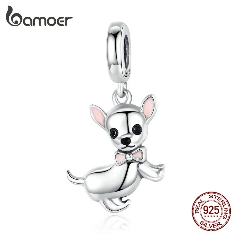 bamoer Cute Pet Chihuahua Dog Pendant Charm Silver 925 Original Pink Enamel Ear Fashion Jewelry Gifts Girl Accessories SCC1317