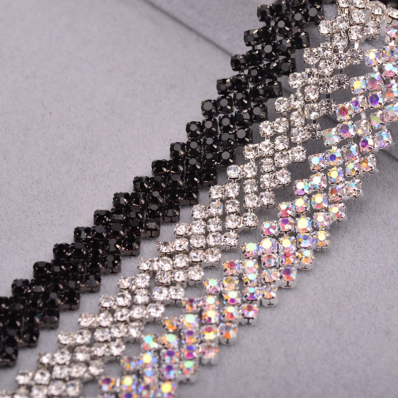 JUNAO 1 Yard SS16 Black Glass Rhinestone Cup Chain Silver Metal Trim Sew On Ribbon Strass Banding For Clothing Jewelry Crafts