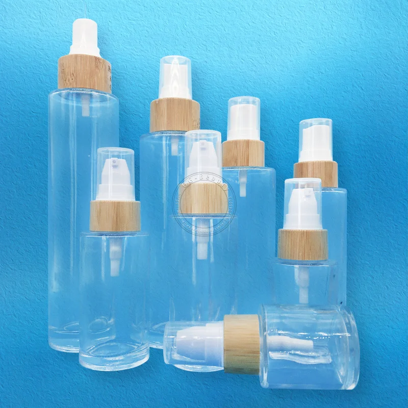 1OZ 50ML 80ML 4OZ Transparent Glass Bottles with Bamboo Pump Lotion Spray Bottle High-end Portable Press Sample Dispenser Vials