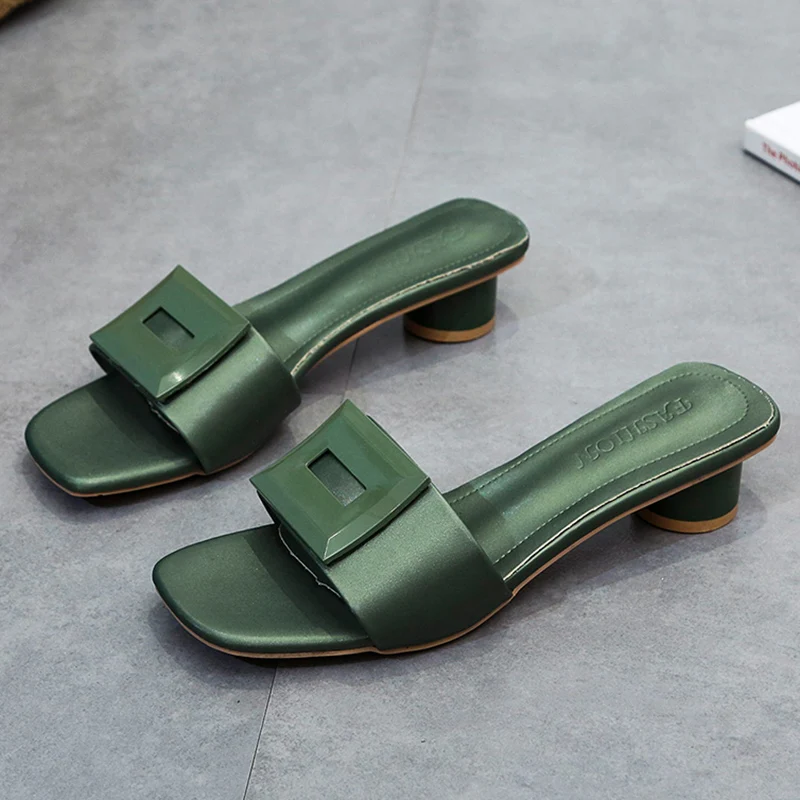 2023 Yellow Green Slides Women 3cm High Heels Slippers Buckle Mules Fetish Summer Sandals Girls Low Block Heels Outdoor Shoes