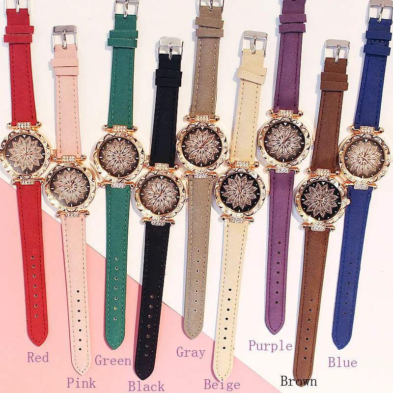 Conjunto de relojes románticos de cielo estrellado para mujer, pulsera de moda, reloj de pulsera, Cuero Simple femenino