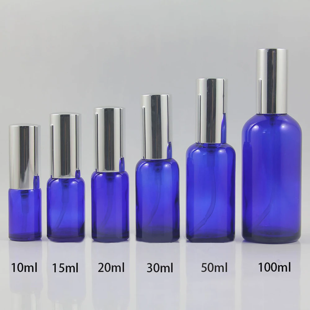 Pompa per bottiglia di olio in vetro blu/blu satinato da 10ml con lozione/pompa Spray