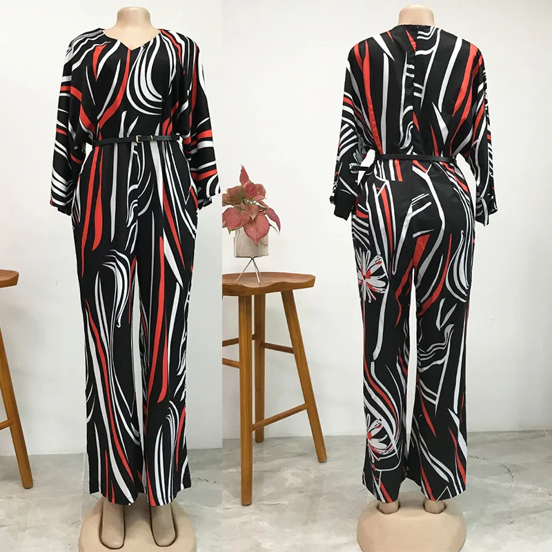 2021 Lente Print Jumpsuit Afrikaanse Jurken Voor Vrouwen Afrikaanse Kleding Romper V Hals Lange Mouw Lange Broek Jumpsuit