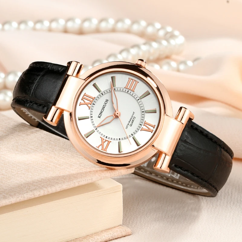 Relógio de pulso feminino luxuoso, fashion casual 30 m à prova d'água, relógio de quartzo com pulseira de couro genuíno, esportivo, elegante para garotas