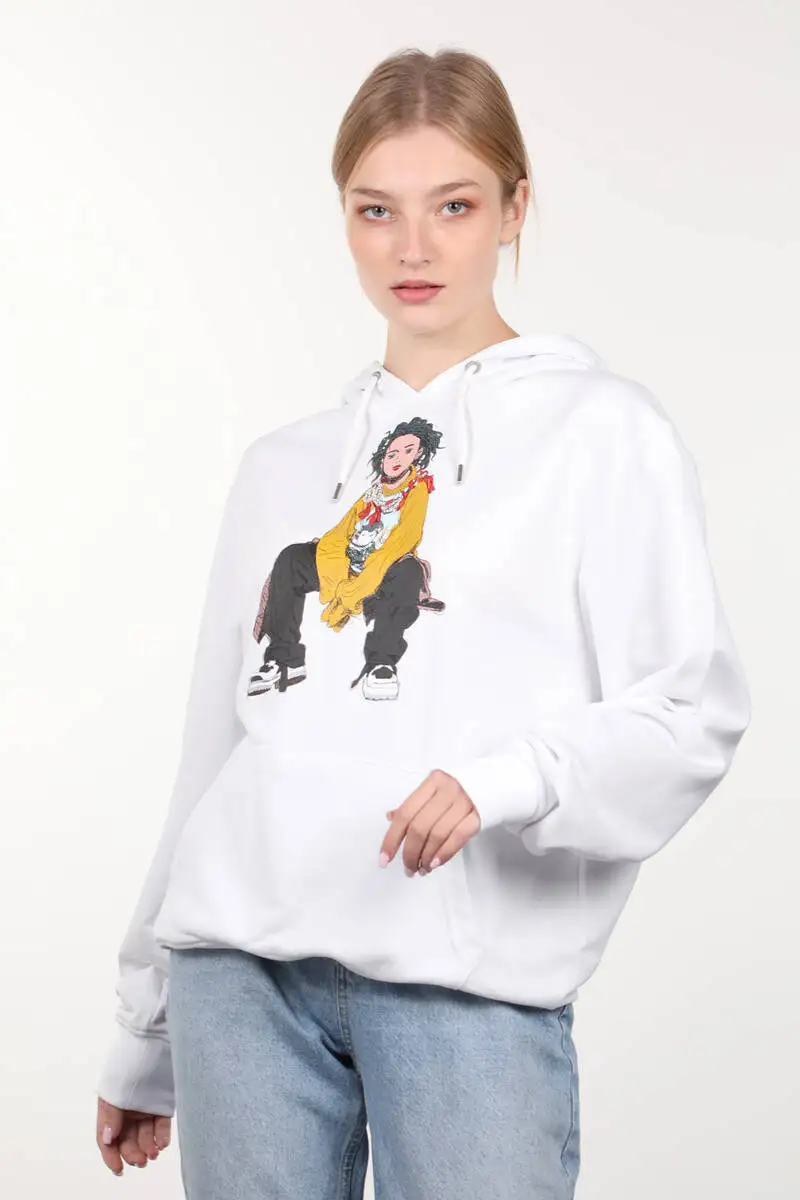 White Printed Hooded Oversize Women Sweatshirts