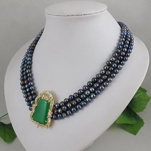 

New Arrival Terisa Baroque Pearl Necklace 3 Rows Green Jade Black Freshwater Pearls Necklace Handmade Women Jewelry Gift