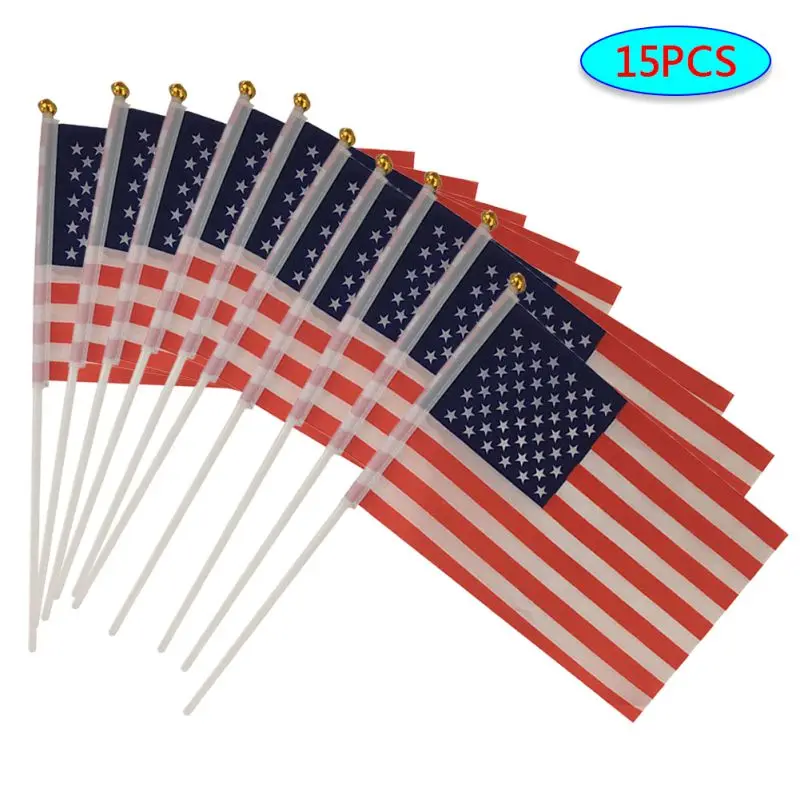 15pcs USA Stick Flag American US HandHeld Mini Flag Ensign 21cm Pole United States Hand Held Stick Flags Banner Hand Flag