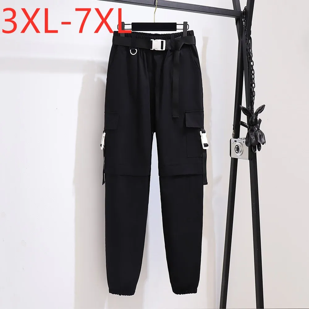 

New Ladies Autumn Winter Plus Size Jogger Cargo Pants For Women Large Loose Cotton Pocket Black Belt Trousers 4XL 5XL 6XL 7XL