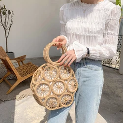 Moda rattanowe hollow okrągła ze słomy torby z wikliny tkane torebki damskie lato plaża torby na ramię crossbody w stylu casual, damska bali torebki