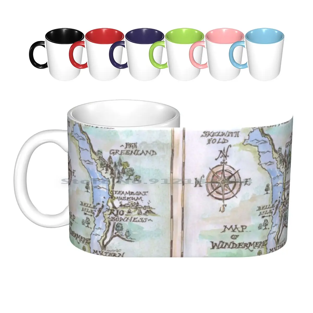 Swallows And Map Of Windermere In Spring Colours - Ceramic Mugs Coffee Cups Milk Tea Mug Inspirational Swallows And Map