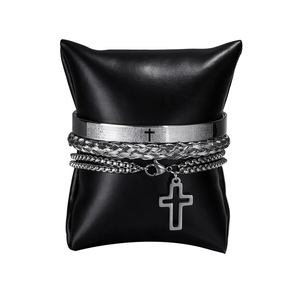 Luxury 3pcs/Set Stainless Steel Cross Bracelet  Men Jewelry Charm Open Brangle Carving Spanish Scripture Pulseira Bileklik