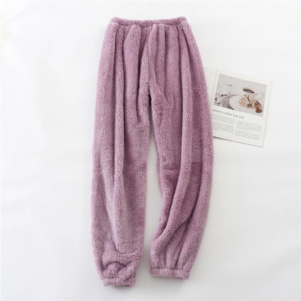 Winter Women\'s Plush Pajama Pants Warm Home Pants Loose Comfortable Elastic Waist Cute Solid Coral Fleece Men Home Pants Outside