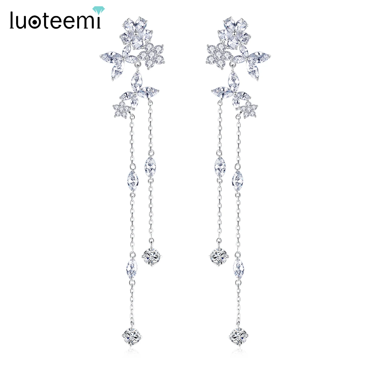 LUOTEEMI Trendy Fairy Flower Long Tassel Drop Dangle Earrings for Women Bridal Wedding Girl Daily Wear CZ Fashion Jewelry Gifts