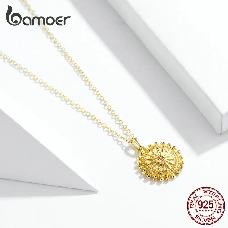 bamoer Sun Coin Pendant Neckalce for Women Gold Color Genuine 925 Sterling Silver Chain Necklaces Collier Fashion Jewelry SCN353