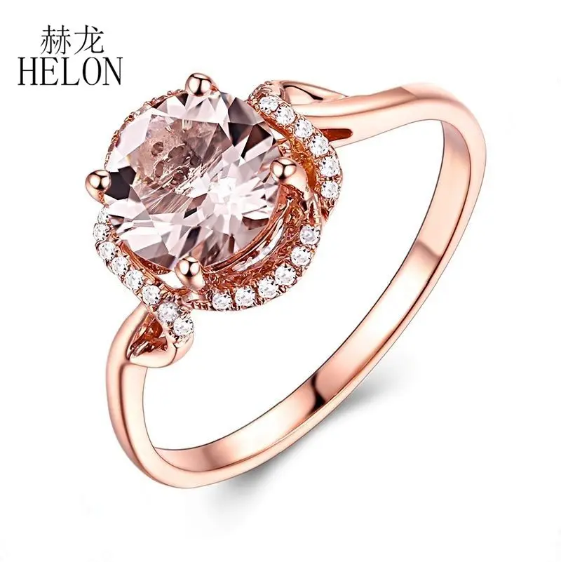 

HELON Real 10K Rose Gold Flawless Round 7mm Natural Morganite Diamond Halo Anniversary Ring Engagement Wedding Fine Jewelry gift