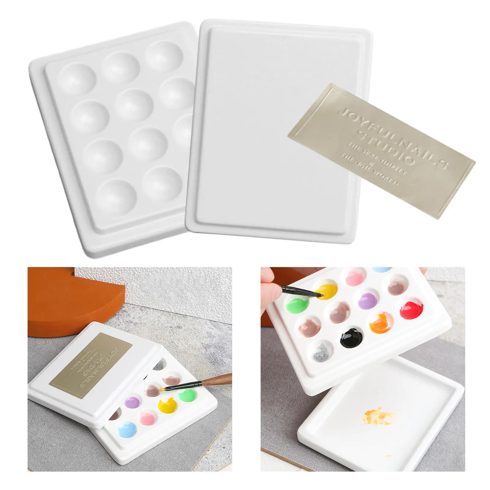 12-Well Ceramic Gouache Watercolor Paint Palette with Lid Coloring Washable