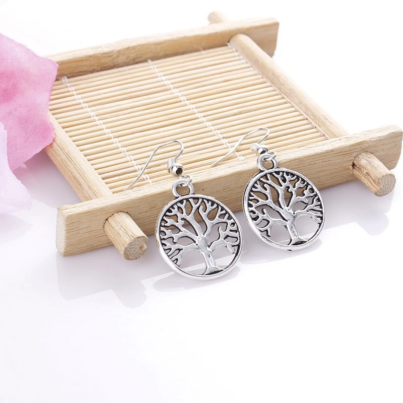 Silver Plated Drop Earrings Women Hollow Out Tree of Life Pattern Round Earring moda mujer Jewelry Fashion Pendientes