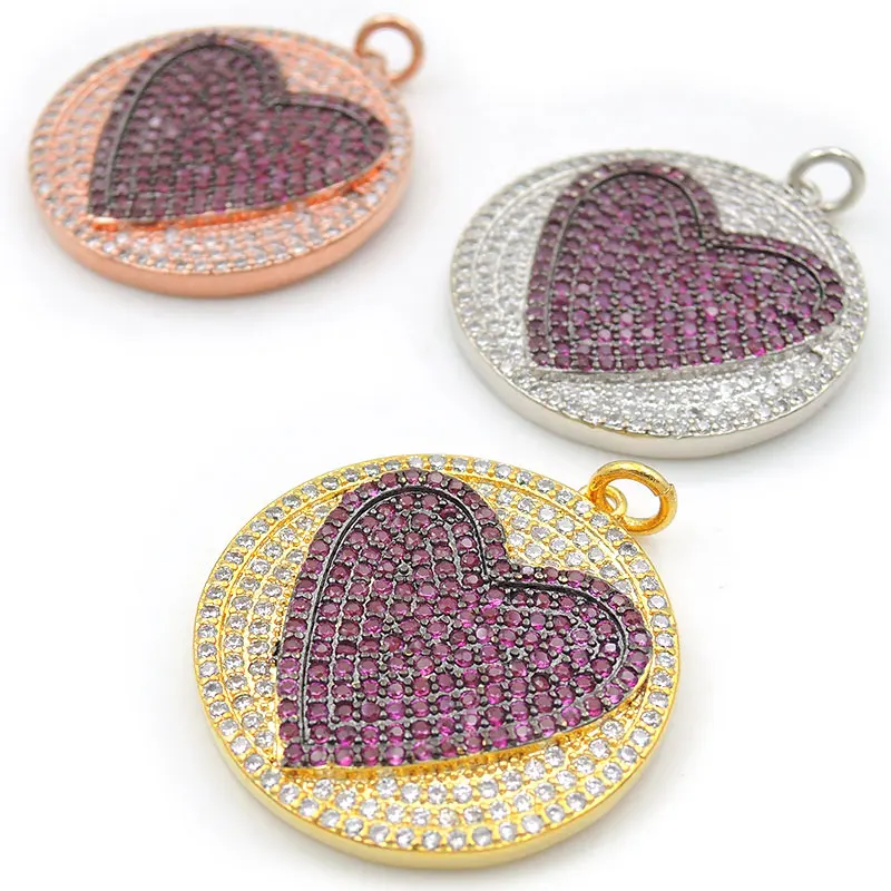 25*25*3mm Micro Pave Clear&Fuchsin CZ Round Charm With Heart Relief Fit For Men Or Women Making Necklaces Jewelry