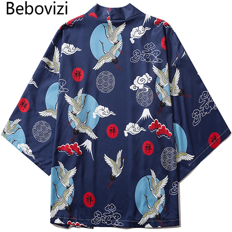 Bebovizi China Style Xiangyun Crane Print Streetwear Kimono Cardigan Robe Summer Men Women Haori Obi Japanese Tradition Clothing