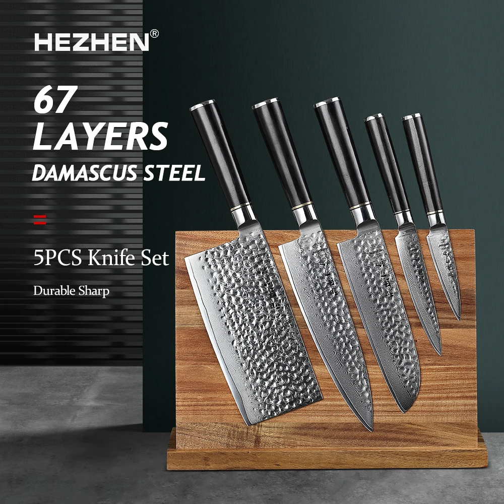 HEZHEN Classic Series 5PC Damascus Steel Kitchen Knife With Magnetic Tool Holder Japanese Chef Santoku Cook  Set Food