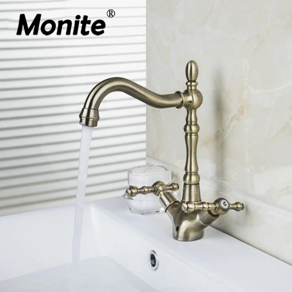 Monite Antique Copper Soild Brass Rotated Single Hole Double Handles Kitchen Swivel Deck Mount Basin Sink Faucet Mixer Tap