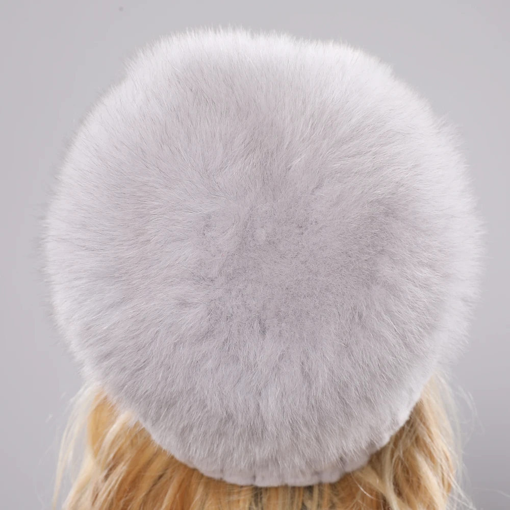 New Women Winter Luxury Real Rex Rabbit Fur Hat Knitted Rex Rabbit Fur Hat Top Natural Fox Fur Cap Genuine Fox Fur Beanies Hat