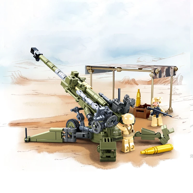 SLUBAN New World War II 2 Military UK M777 Gun Light Artillery Weapon Building Blocks Army Classic Accessories Model Kids Toys