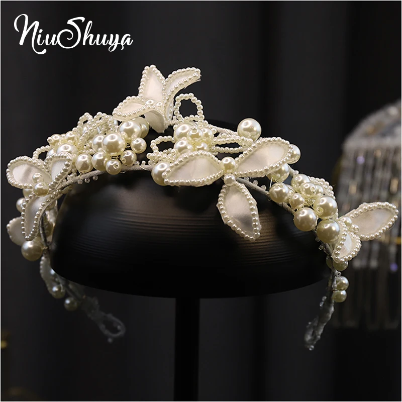 NiuShuya White Flower Floral Headbands Hairbands Pearl Headpieces Brides Women Crowns Wedding Hair Accessories Jewelries